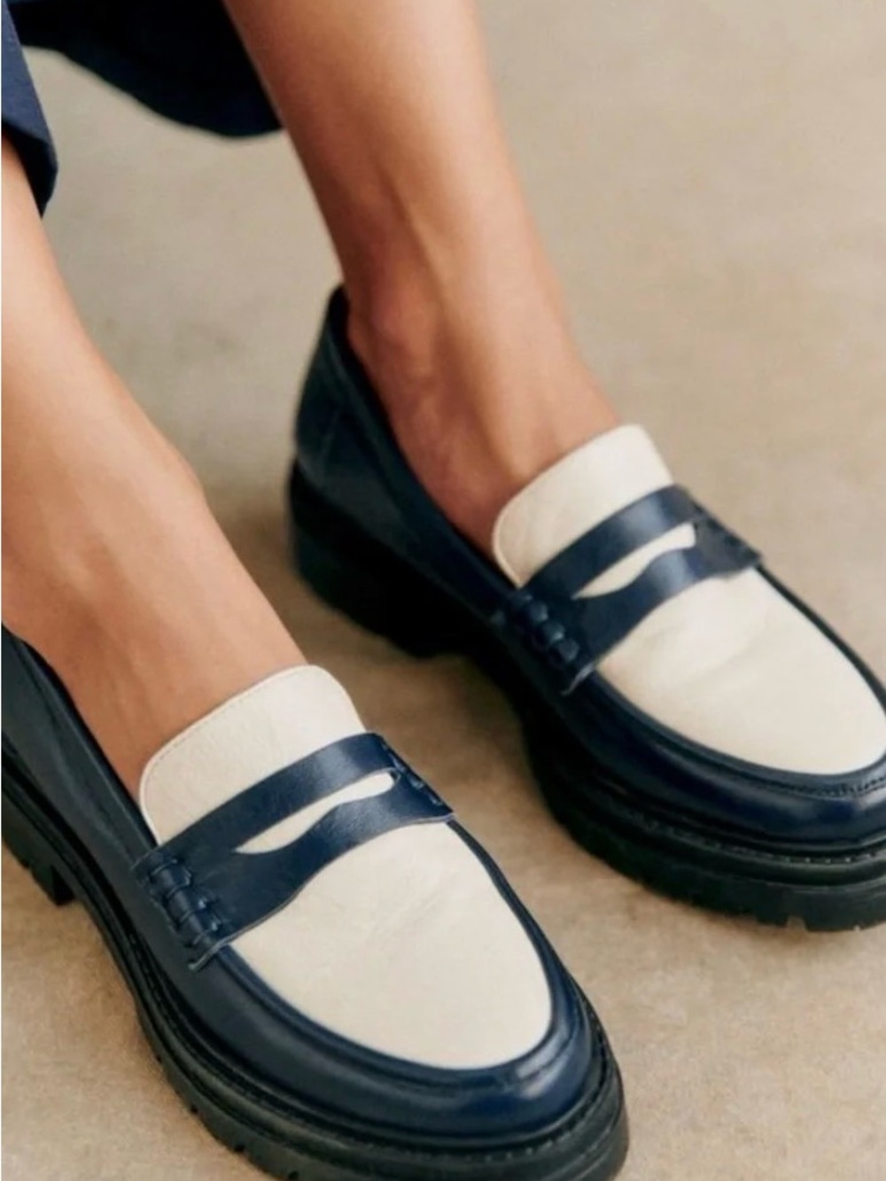 Sezane Two-Tone Albane Leather Loafers in Navy and Cream